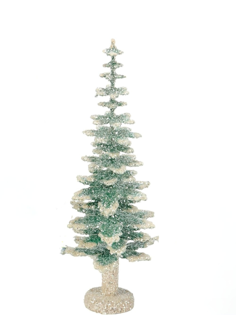 12.5-inch green and white glittered evergreen tree on a round base.