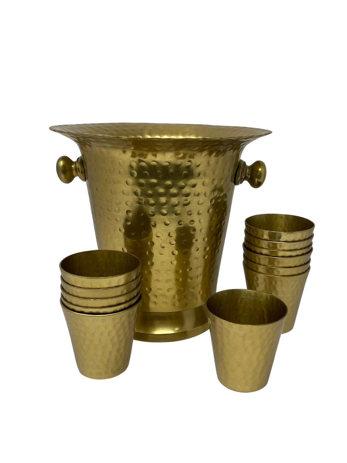 Hammered gold wine cooler bucket with two handles and twelve matching gold cups.