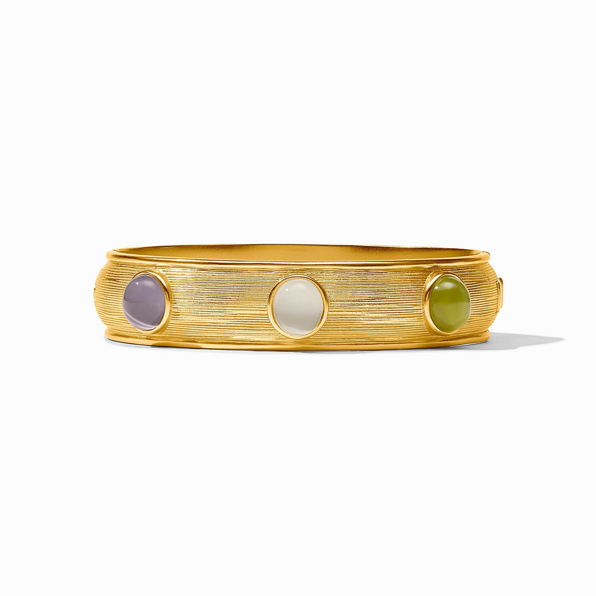 Gold-plated Cobblestone Stone Hinge Bangle with purple, white, and green glass cabochons.