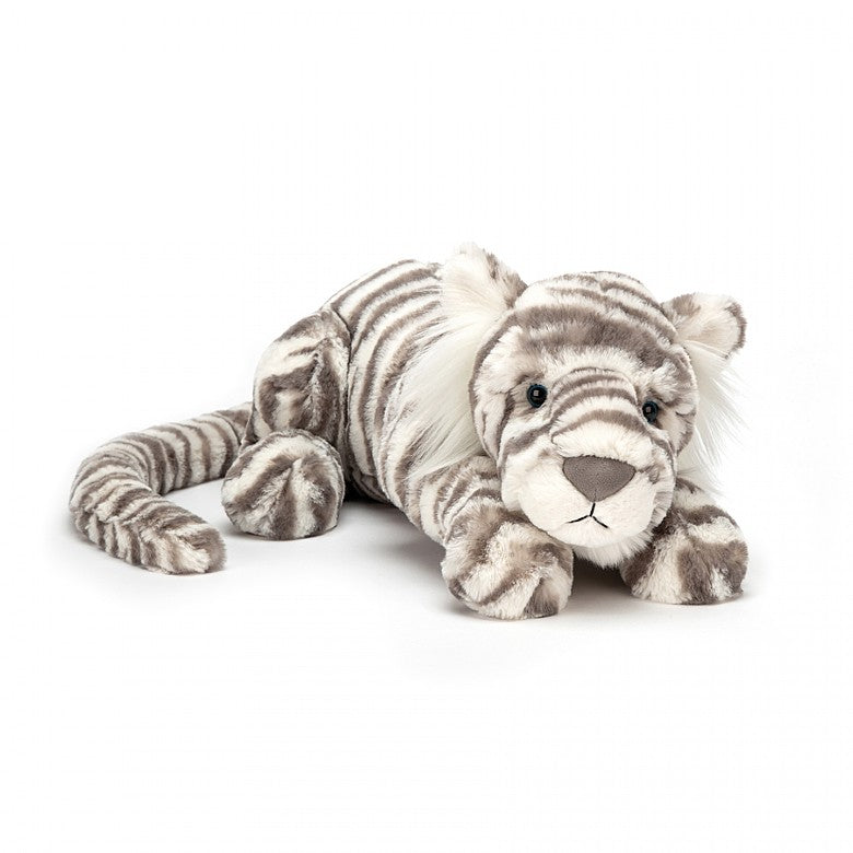 Medium Sacha Snow Tiger plush toy with soft fabric texture and tiger stripe pattern.