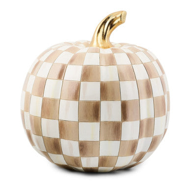 Mocha Check Medium Pumpkin with a gold stem and a hand-painted brown and white checkered pattern.