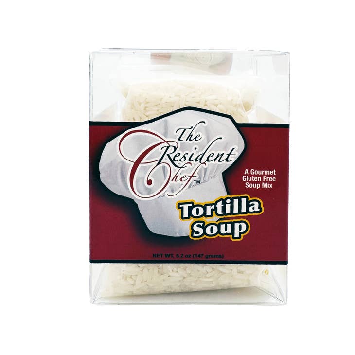 The Resident Chef Tortilla Soup mix in a clear package with rice visible.