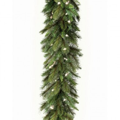 9-foot by 14-inch Deluxe Belgium Garland with 100 warm white LED lights.