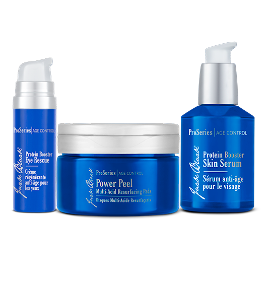The Defensive Line Anti-Aging Triple Play set with Protein Booster Serum, Eye Rescue, and Power Peel pads in white packaging.