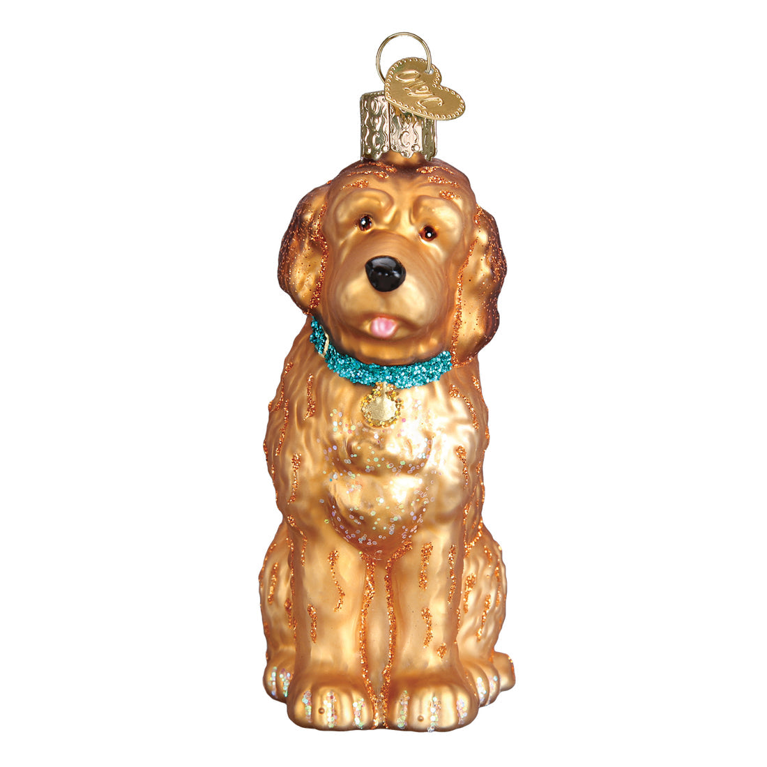 Glass Irish Doodle dog ornament with a golden coat, teal glitter collar, and gold heart tag.
