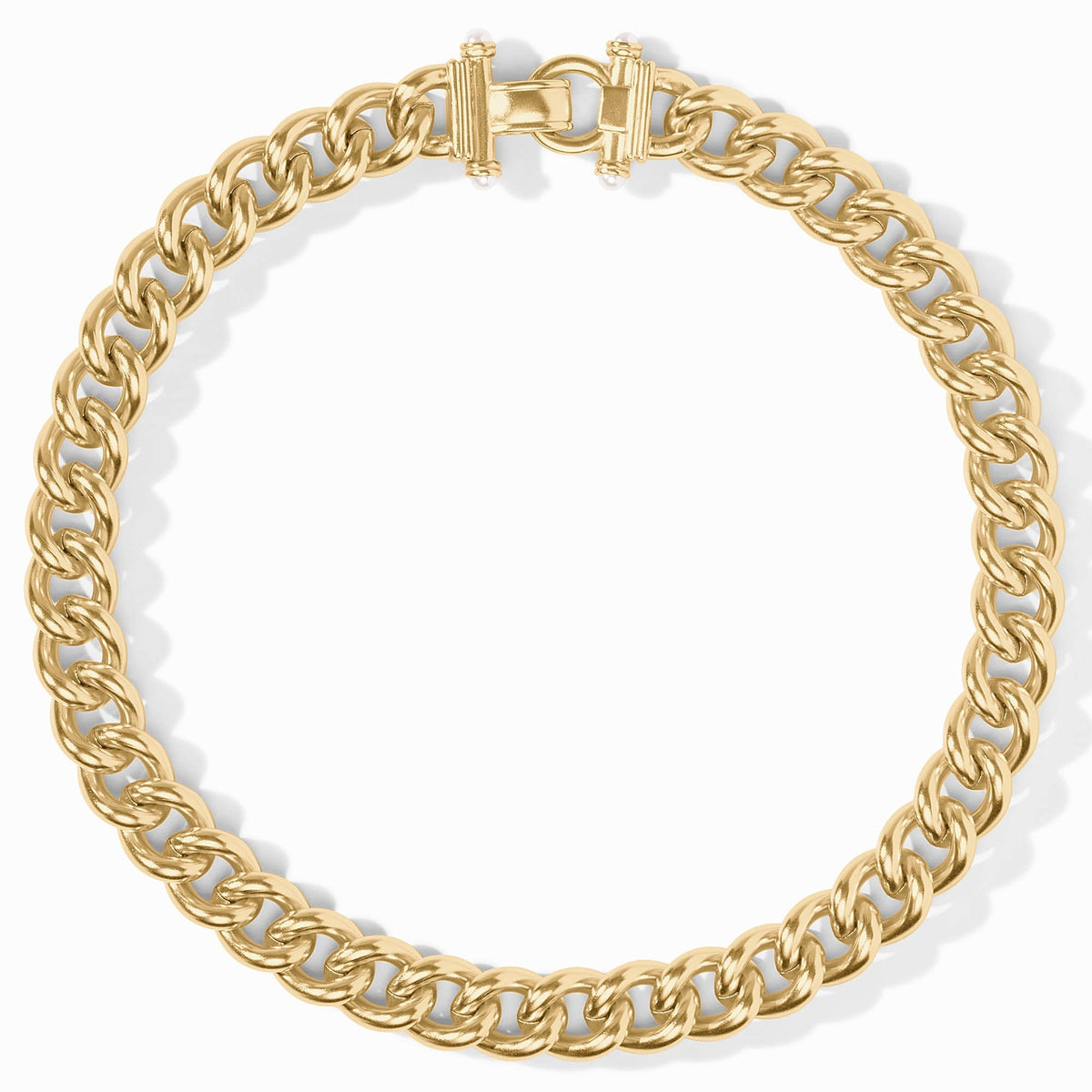 Dolce Link Necklace in 24K gold plate with glass pearl accents and a fold over clasp.
