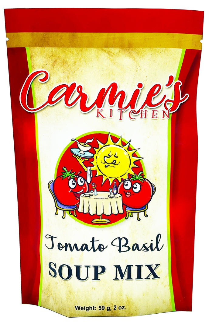 Bag of Tomato Basil Soup Mix with visible red tomato imagery on packaging
