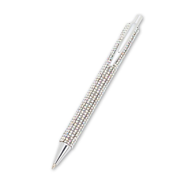 Razzle Dazzle Pen featuring a silver body fully encrusted with iridescent rhinestones.