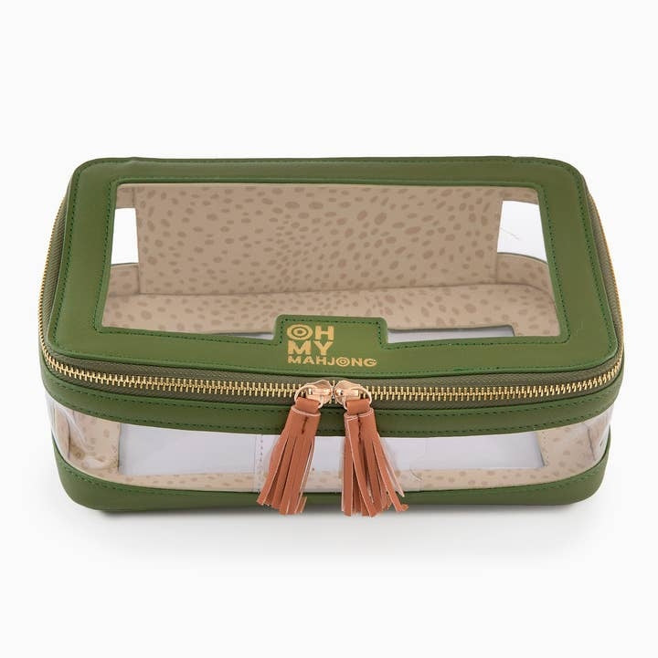 Olive green structured mahjong tile storage bag with clear windows and brown tassel zippers.