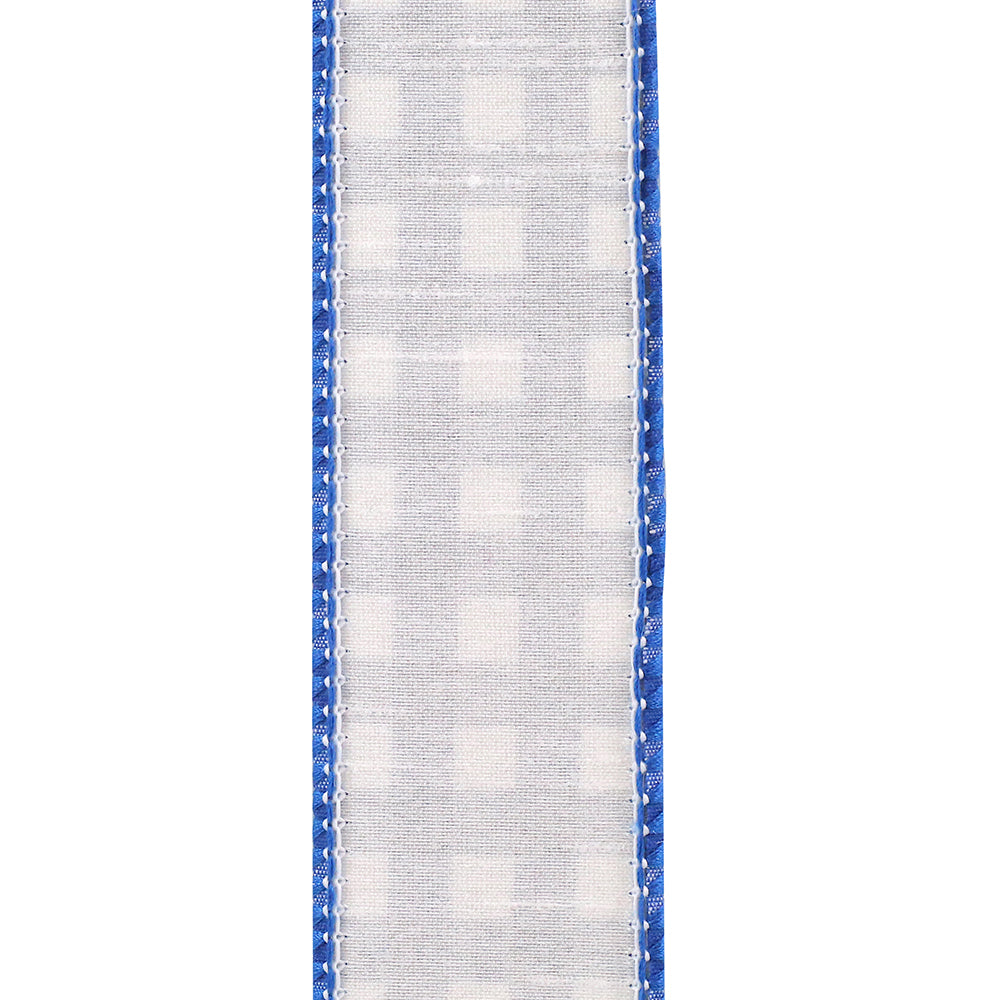 1-1/2 inch cobalt blue gingham ribbon with wired edges and a white checkered pattern.
