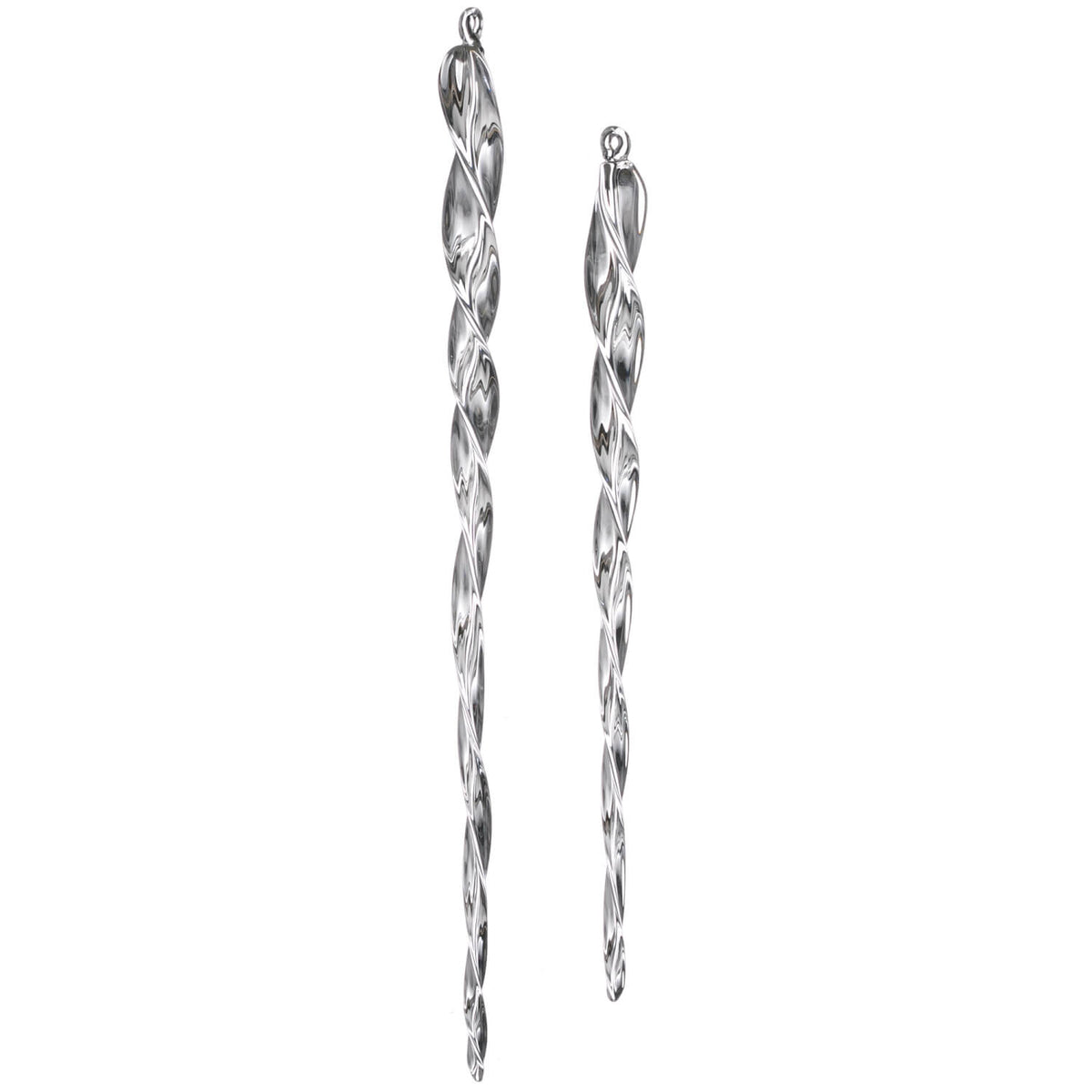 Clear glass twist ornament measuring .75 inches by .75 inches wide with a height of nine inches.