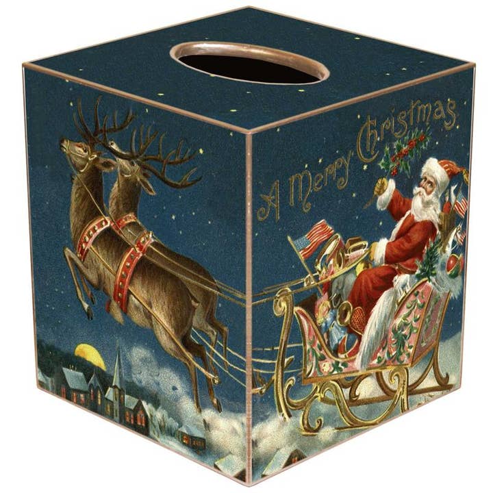 Hand-painted gold tissue box cover with paper mache construction.