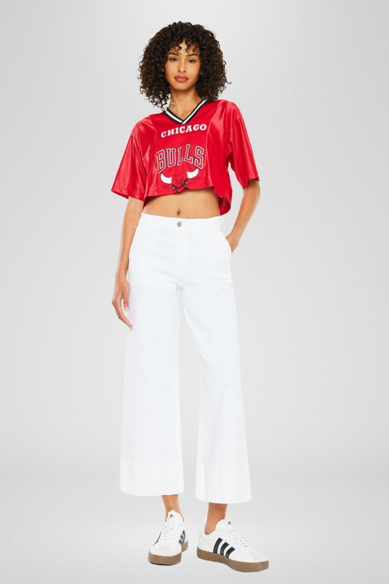 High-rise wide-leg cropped jeans in dark wash denim with a slant pocket.