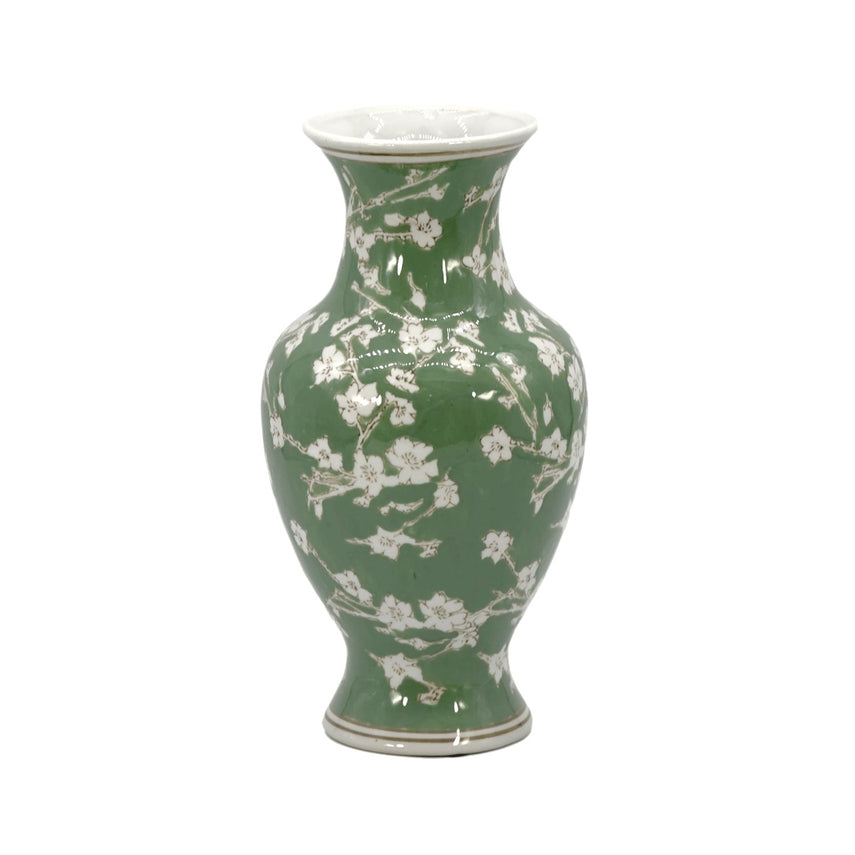 Tall white ceramic vase with green chinoiserie sakura floral pattern