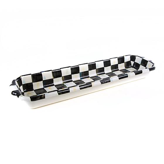 Hand-painted Courtly Check enamel baguette dish in blue pattern with heavy-gauge steel construction.