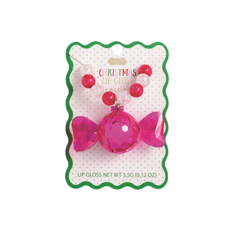 Christmas Lip Gloss Bracelet with pink and white beads and a pink candy-shaped lip gloss charm.