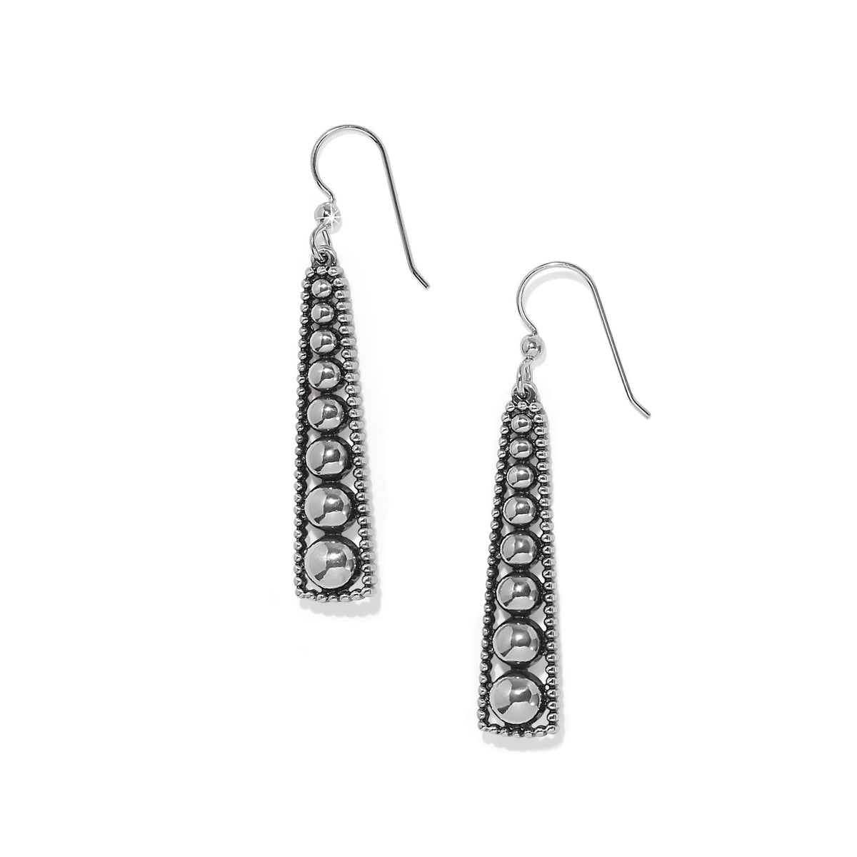 Silver pyramid shaped French wire earrings with graduated sculpted spheres and beaded detailing.