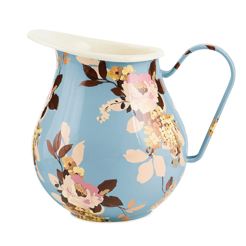Light blue enamel pitcher with a vintage floral pattern, white interior, and curved handle.
