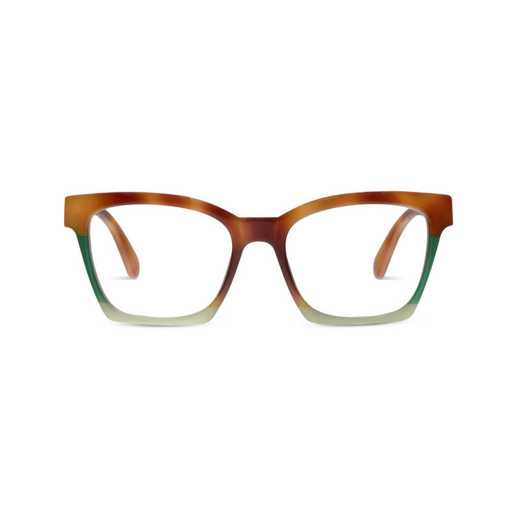 Birdie progressive glasses with a brown, green, and clear gradient cat-eye frame.