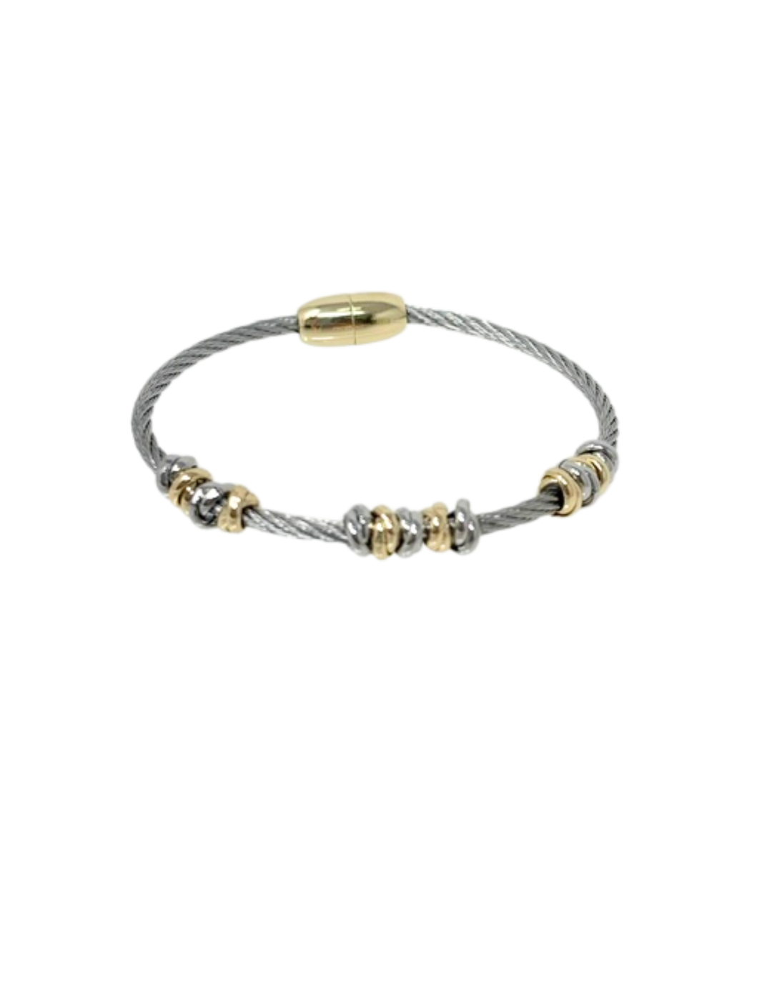 Two tone silver and gold beaded rope bangle bracelet with a magnetic clasp.