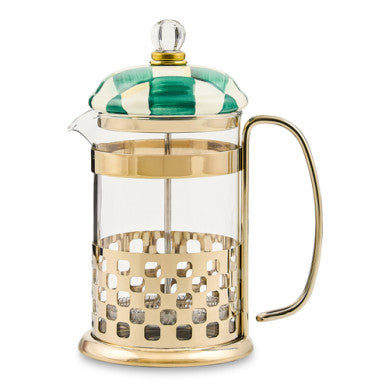 Emerald check hand-painted steel French press with glass cylinder