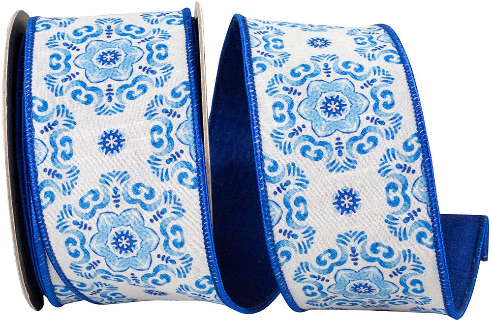 Porcelain Sentido Deluxe Dupioni wired edge ribbon with blue floral tile pattern on white fabric.