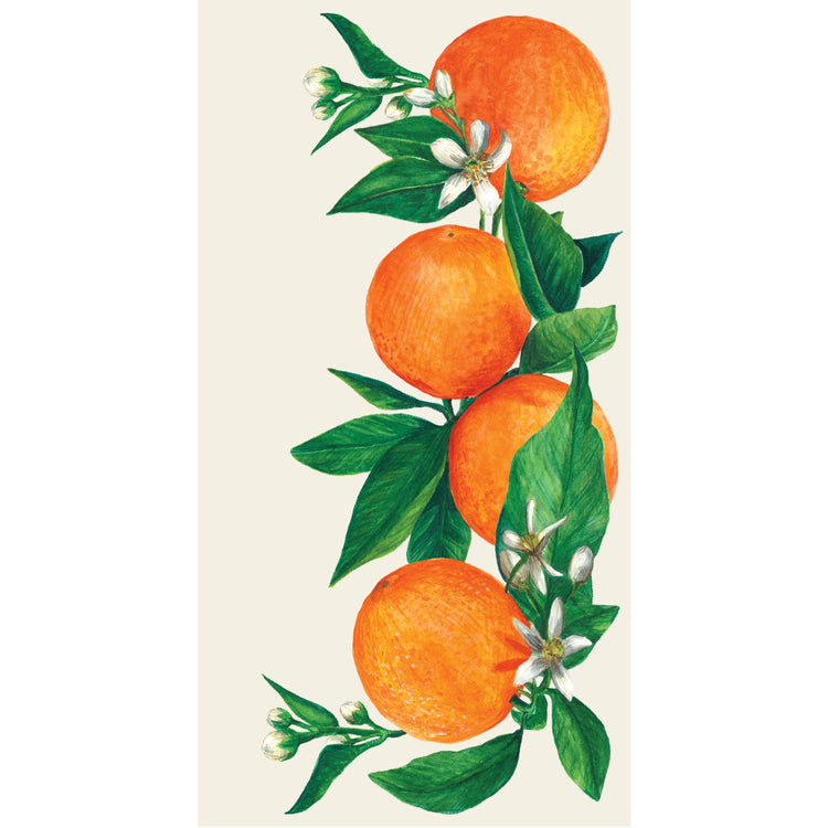 Guest napkin featuring a vertical botanical illustration of oranges, green leaves, and white flowers.