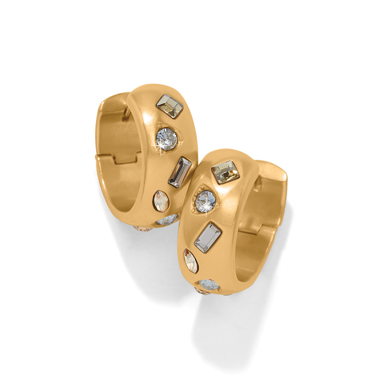 Gold-plated hoop earrings with multi-colored fine quality crystals on a post lever back.