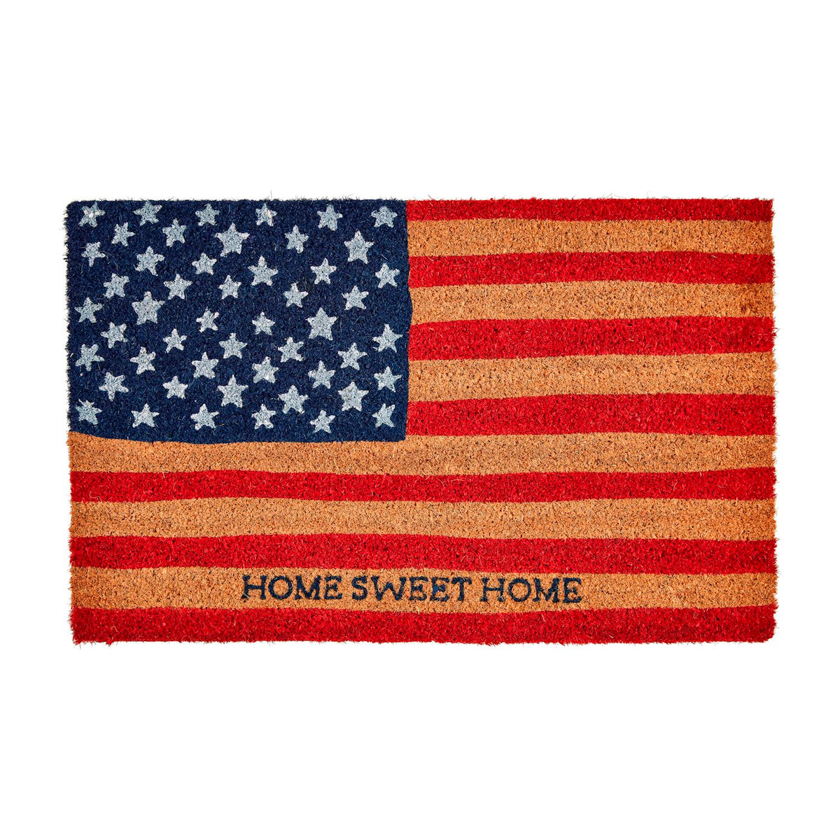 Rectangular American flag door mat with red, white, and blue stars and stripes pattern made from coir pile.