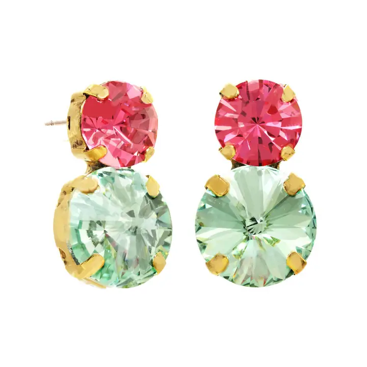 Gold-tone earrings with stacked pink and mint green faceted crystals.