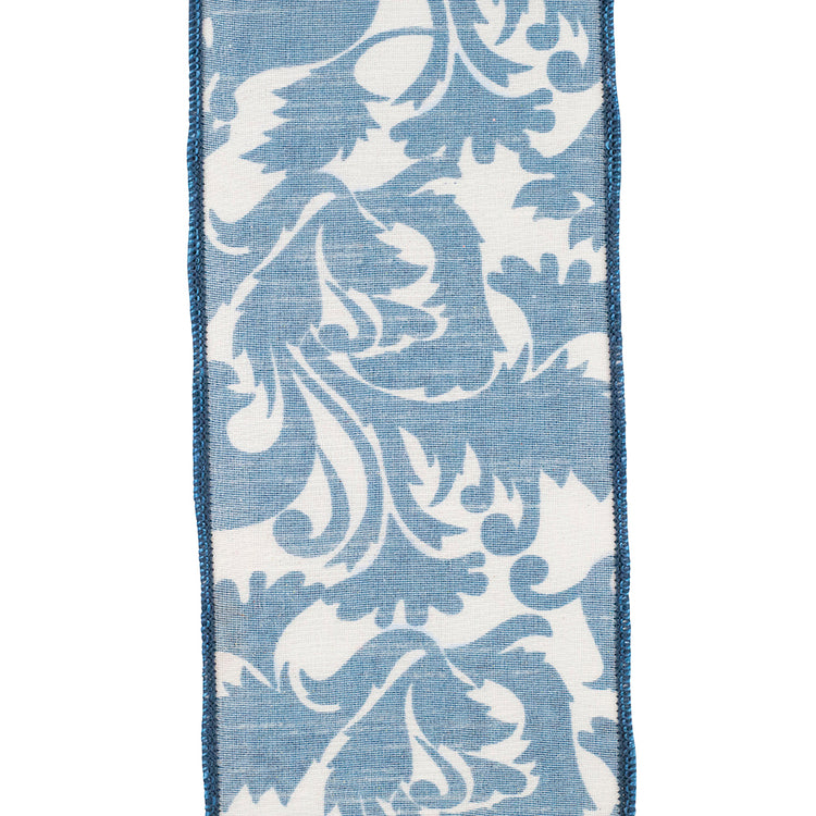 Four-inch wide blue wired-edge polyester ribbon with a scroll leaf pattern.