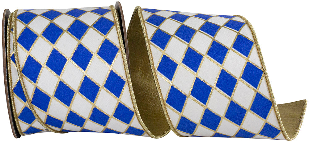 4 inch white and royal blue harlequin diamond wired edge ribbon with gold gilded outlines.