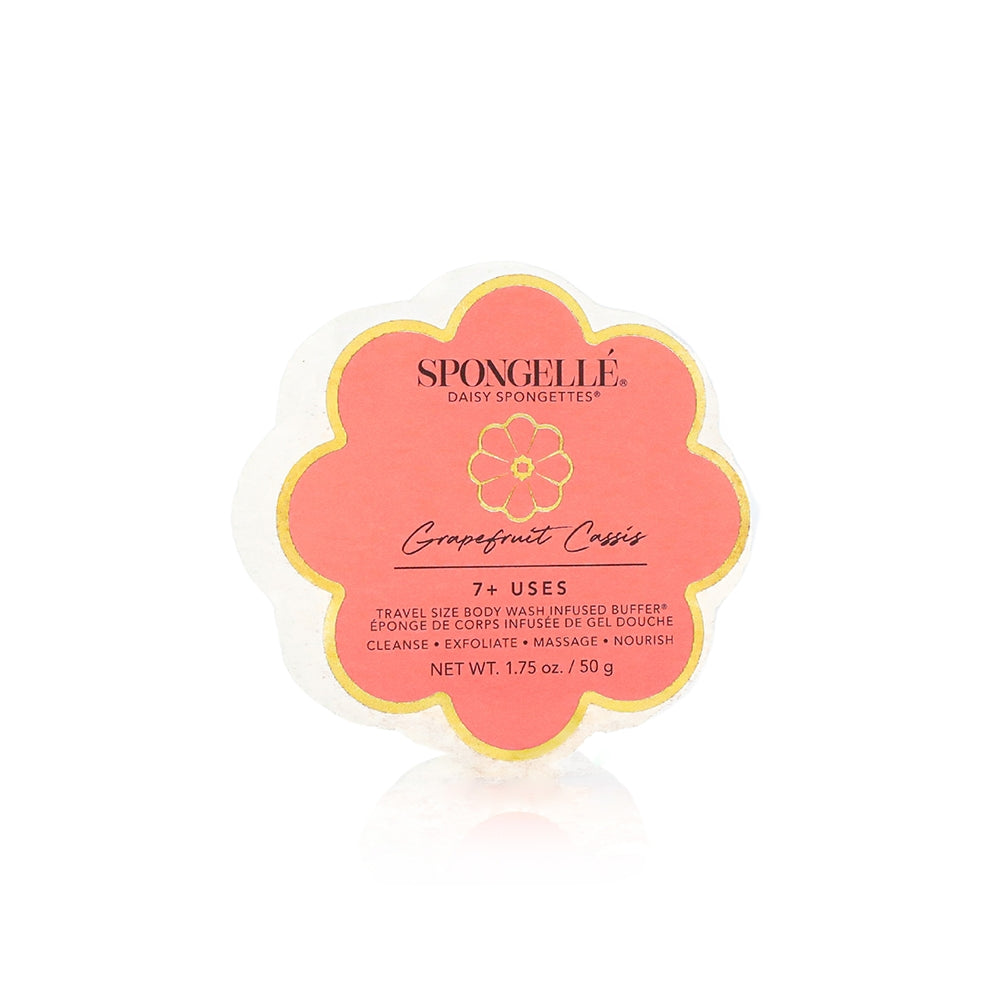 Daisy Collection Spongette body wash infused sponge with built-in cleanser and exfoliating texture.