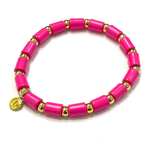 Poppy bracelet featuring a stretchy band with enamel poppies in red and green.