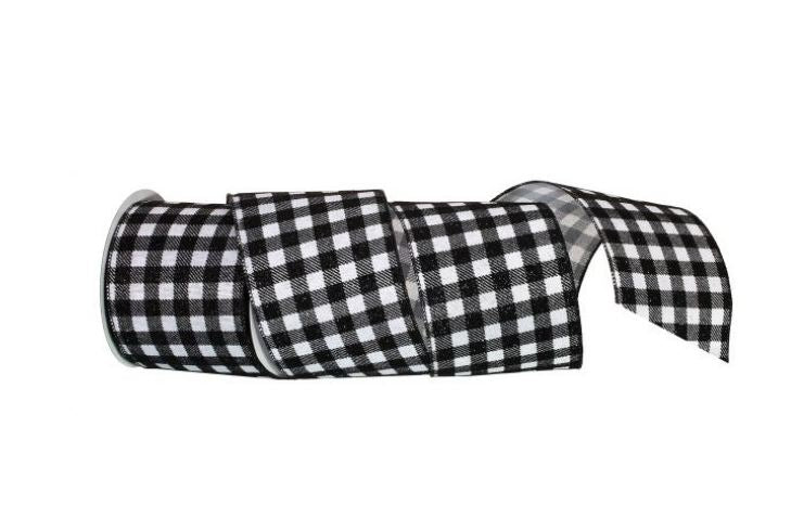 Wired decorative ribbon in black and white with a metallic checkered pattern.