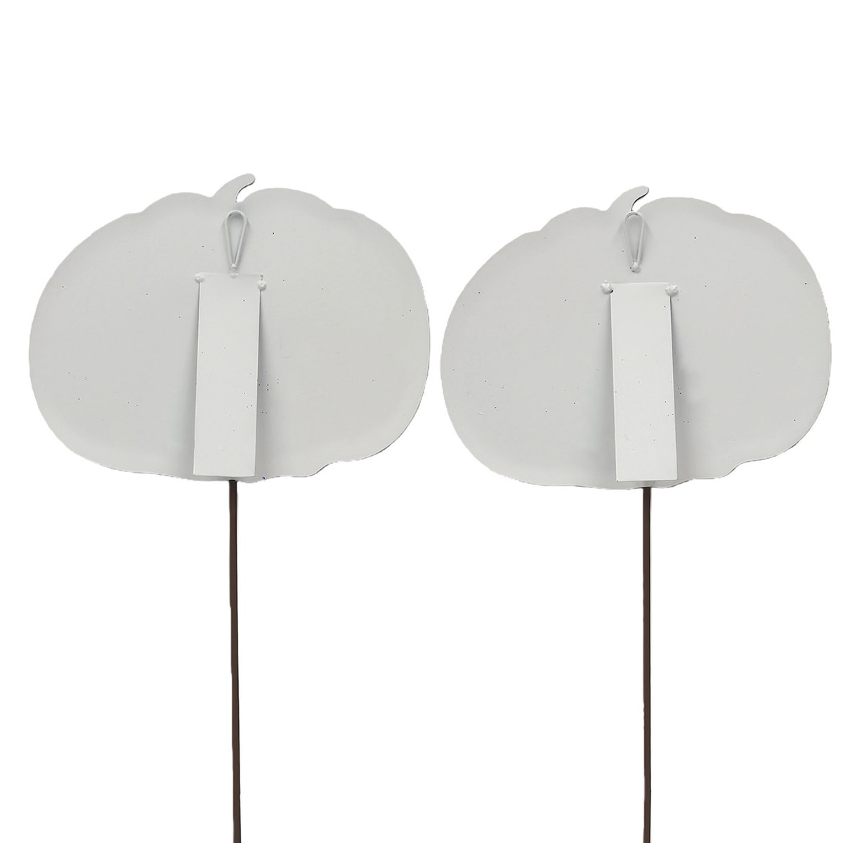 Back view of two white metal pumpkin garden stakes showing easel, hanging loop, and stake options.
