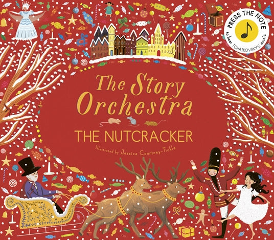The Nutcracker children's book cover featuring festive illustrations of a sleigh and reindeer.