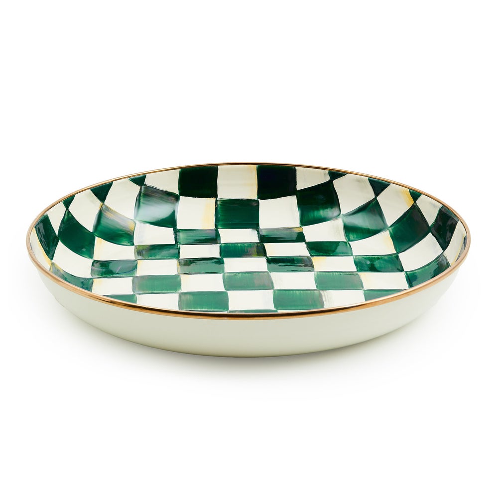Hand-glazed steel abundant bowl with emerald checkered pattern and bronzed stainless rim
