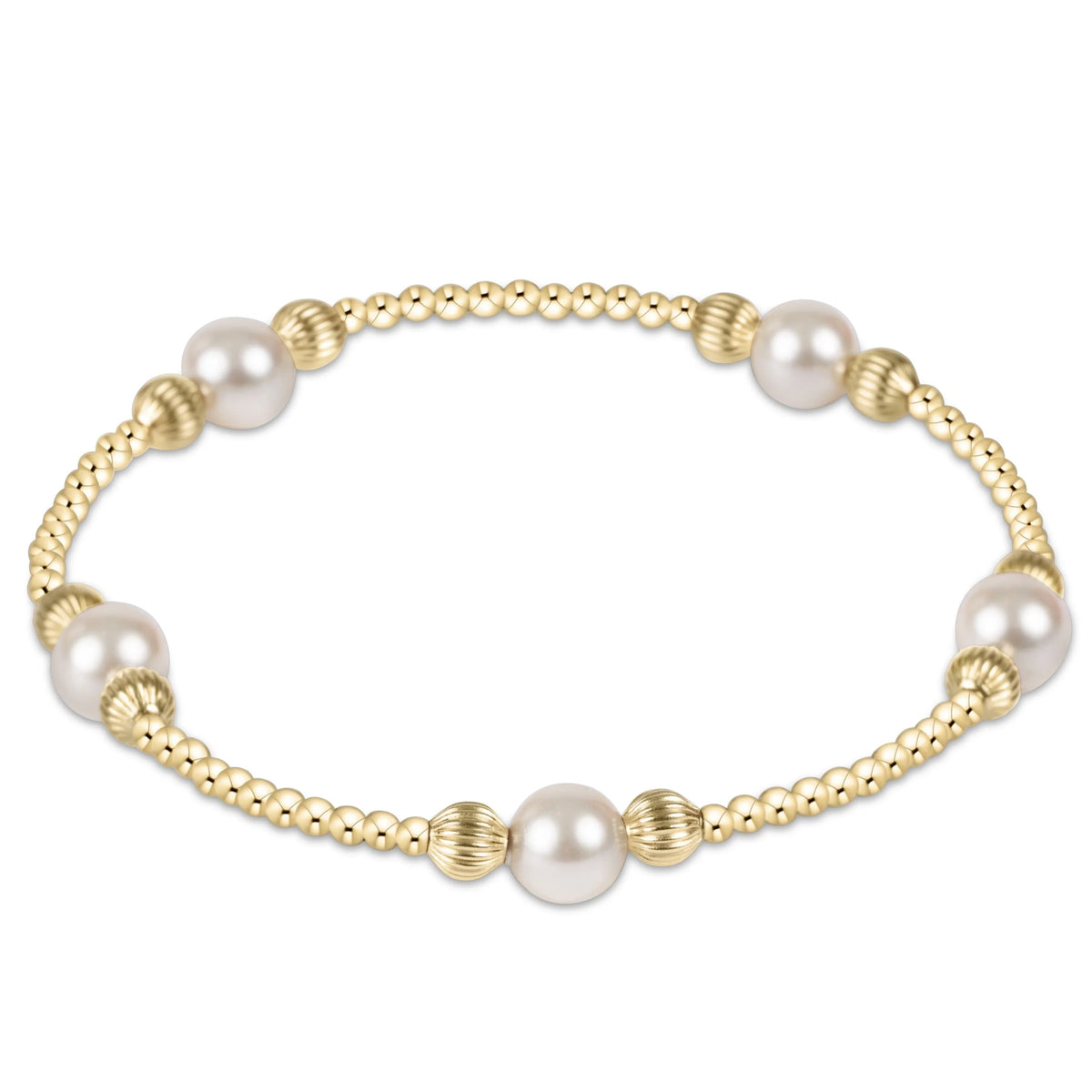 Gold bead bracelet featuring five 6mm white crystal pearls and textured 14kt gold-filled beads.