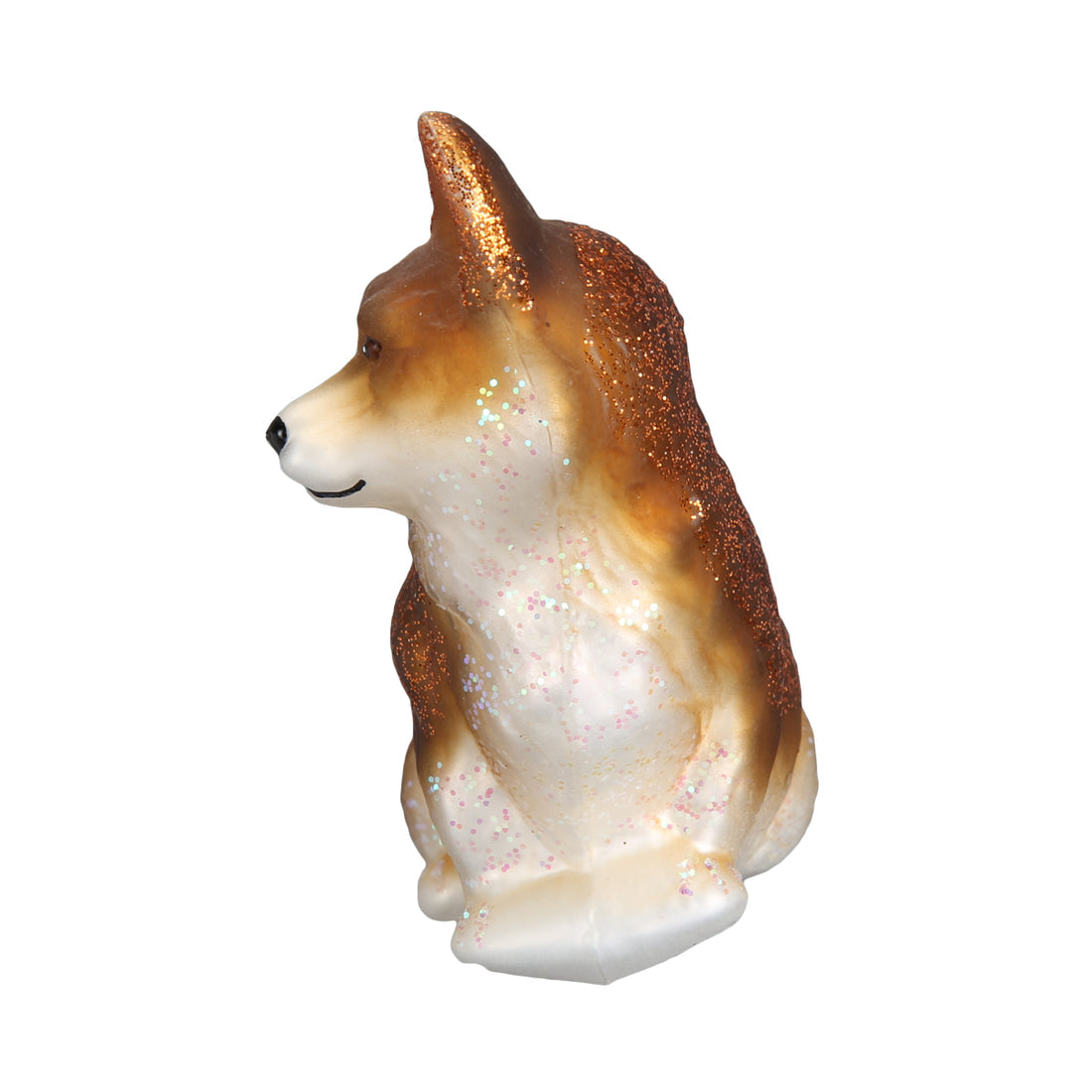 Pembroke Welsh Corgi glass ornament with brown and white glitter details.