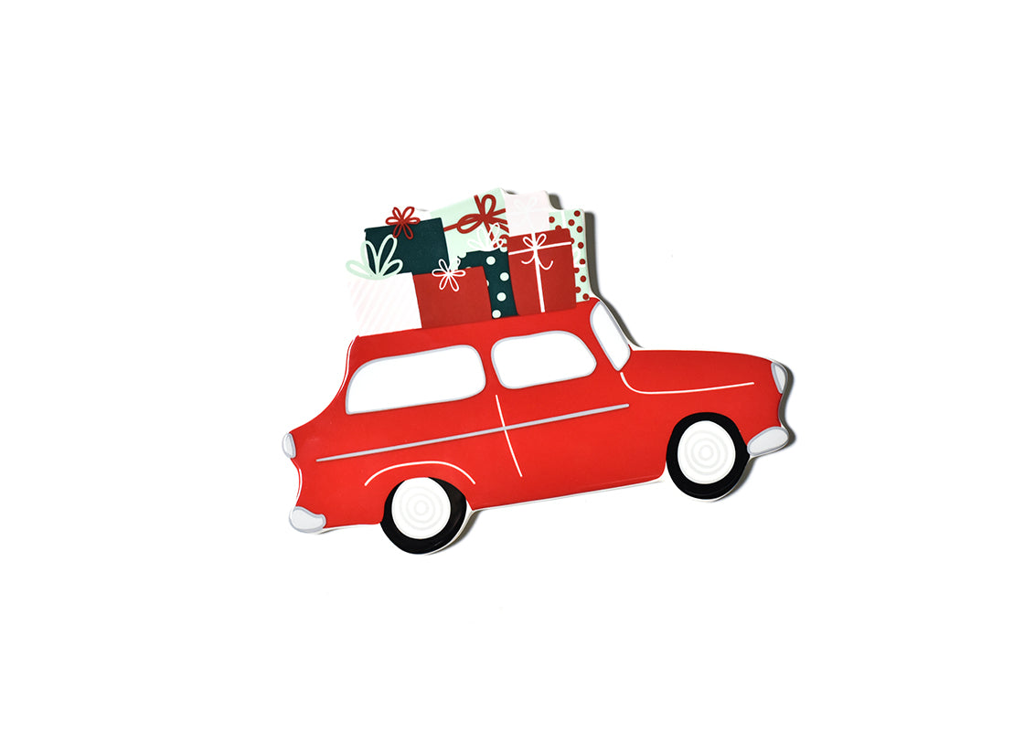 Red car attachment with gifts piled on top, featuring white windows and black and white wheels.