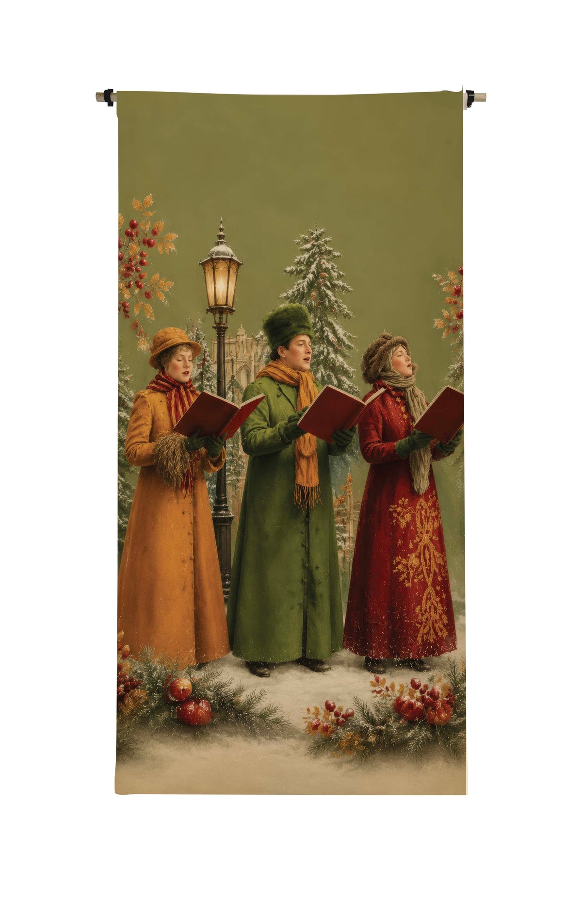 Canvas scroll featuring three Victorian-style carolers in colorful coats singing in the snow.