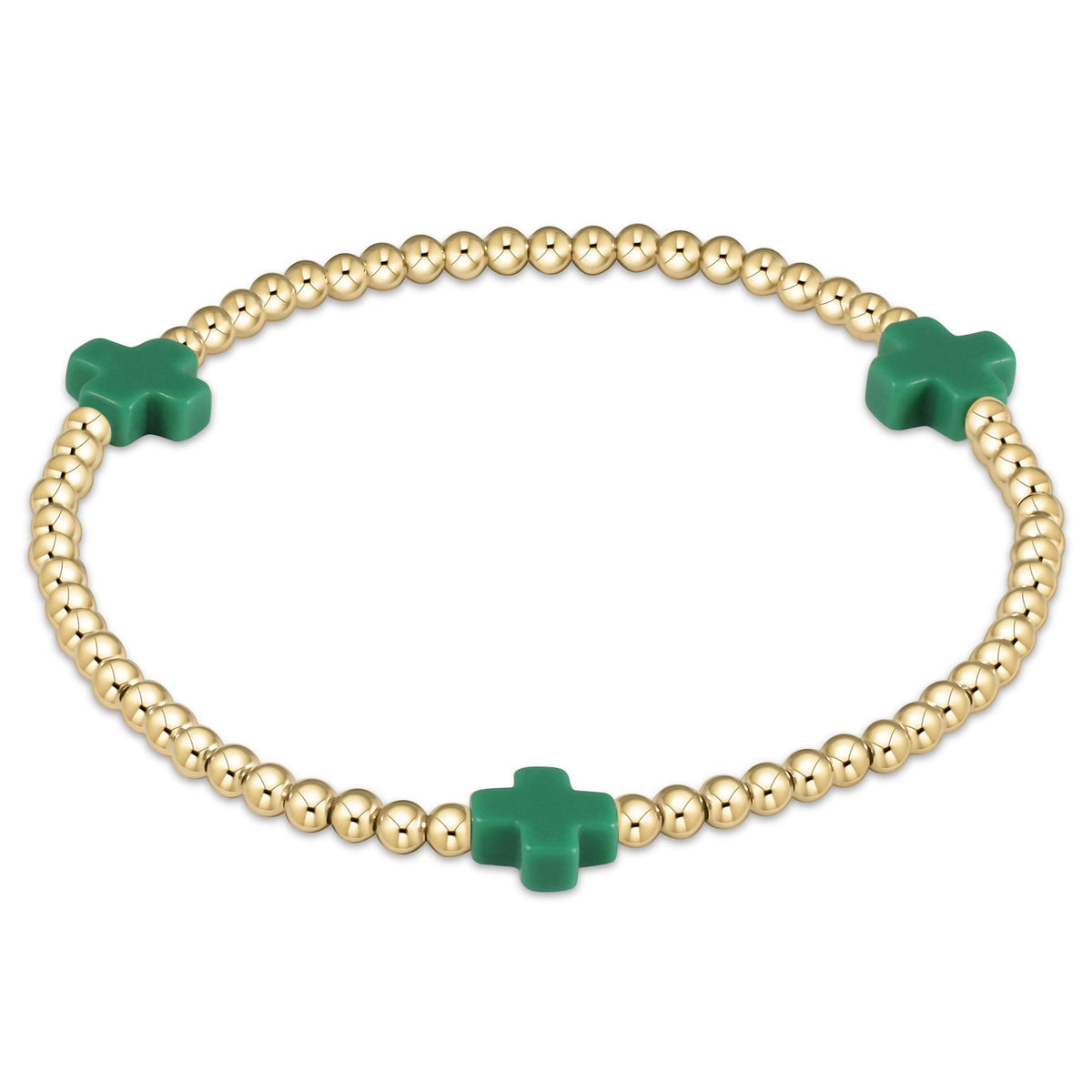 3mm gold-filled bead bracelet featuring a signature cross pendant on stretch elastic.
