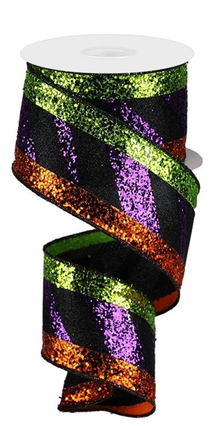 A roll of diagonal glitter stripe ribbon in silver polyester with a striped pattern.