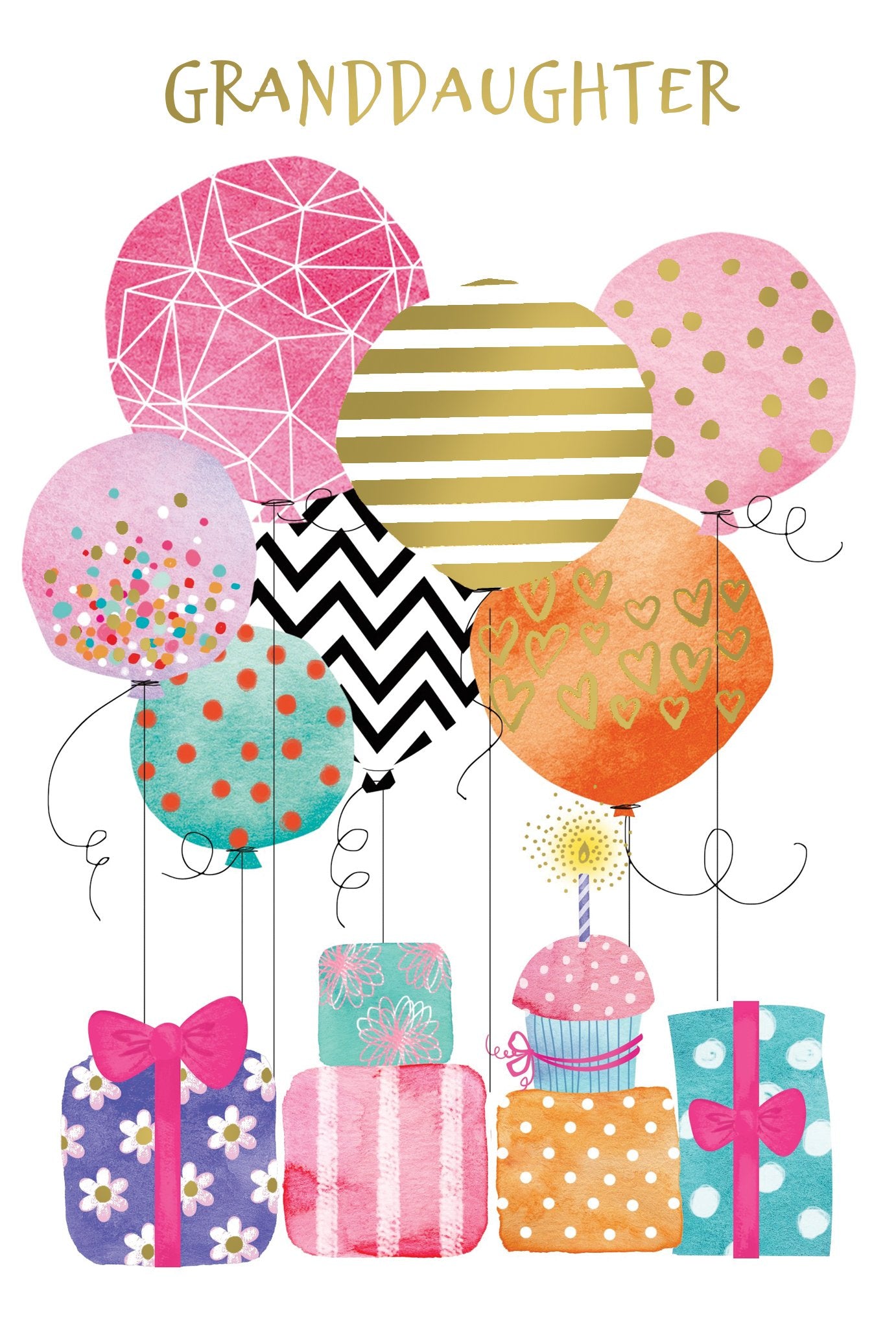 Birthday balloon bouquet with 'Happy Birthday to a truly special Granddaughter' text on the main balloon.