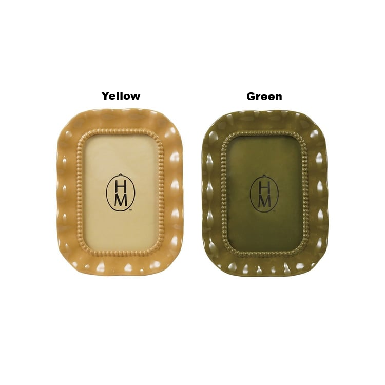 Two rectangular resin photo frames with wavy edges and bead detail in yellow and green.
