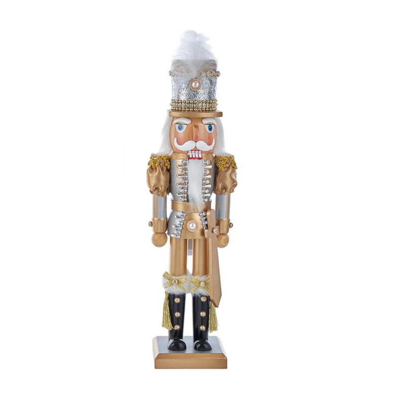 15-inch gold and silver nutcracker with a white feather hat, gold sword, and black boots.