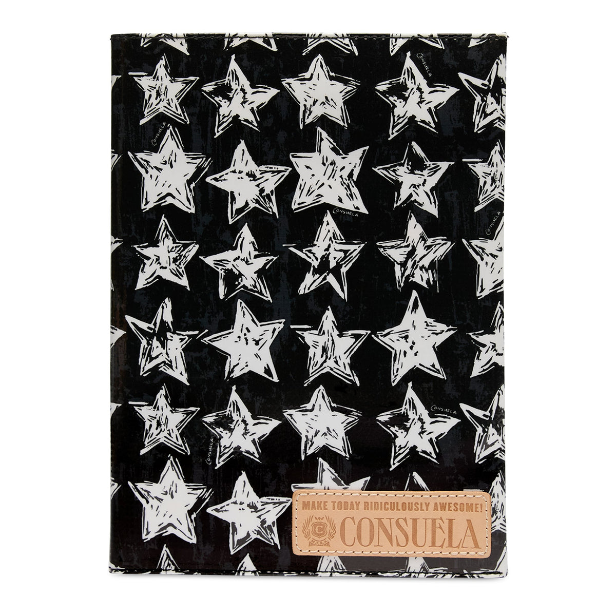 Black Madi notebook cover with white starry ConsuelaCloth™ exterior pattern and leather embossed reminder text.