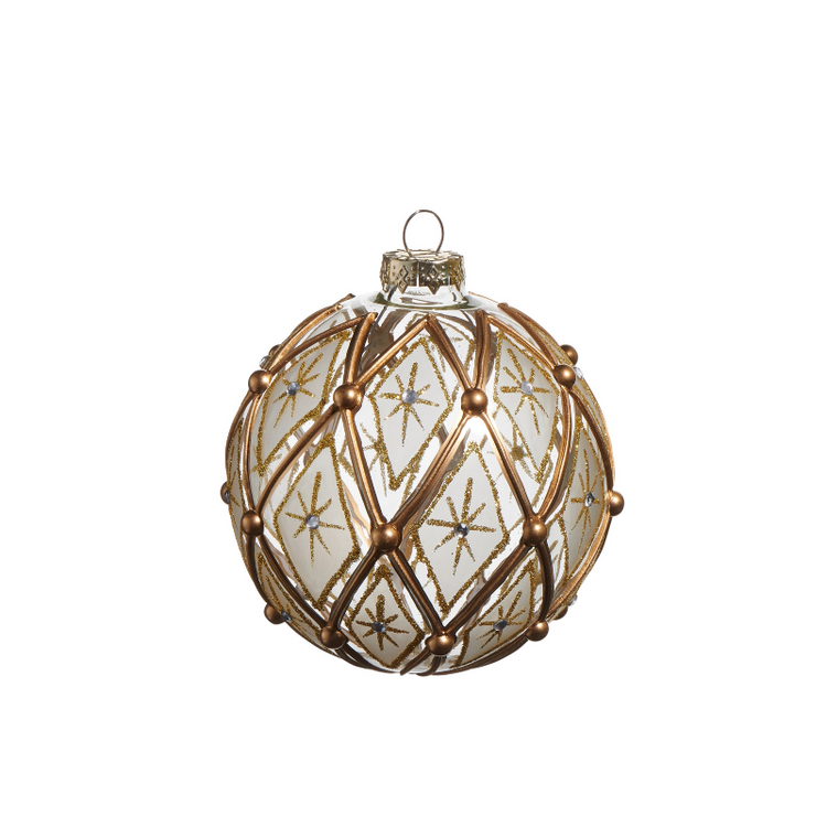 4-inch white glass ornament with a gold diamond lattice pattern and glitter star accents.
