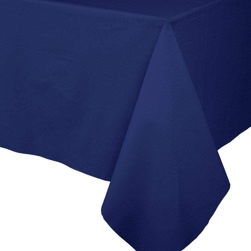Navy blue paper linen table cover draped over a table corner.